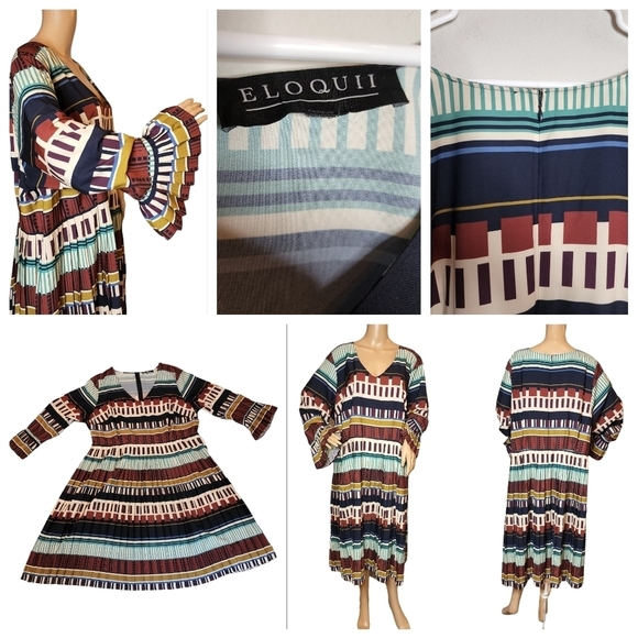 Eloquii Multicolored Pleated Dress Long Sleeve Flare Pleat Cuff Est Size 2X - Picture 7 of 16